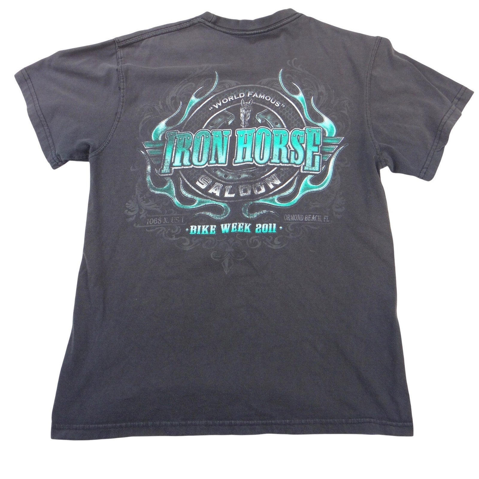 Iron Horse Saloon Ormond Beach FL Biker Pocket T-Shirt Mens Black Teal Graphic