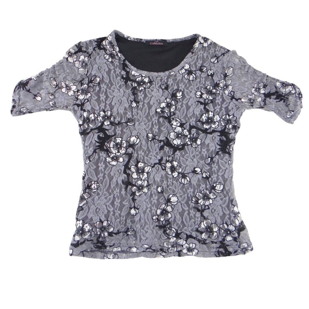 Pink Collection Grey Floral Lace Short Sleeve Scoop Neck Blouse Top