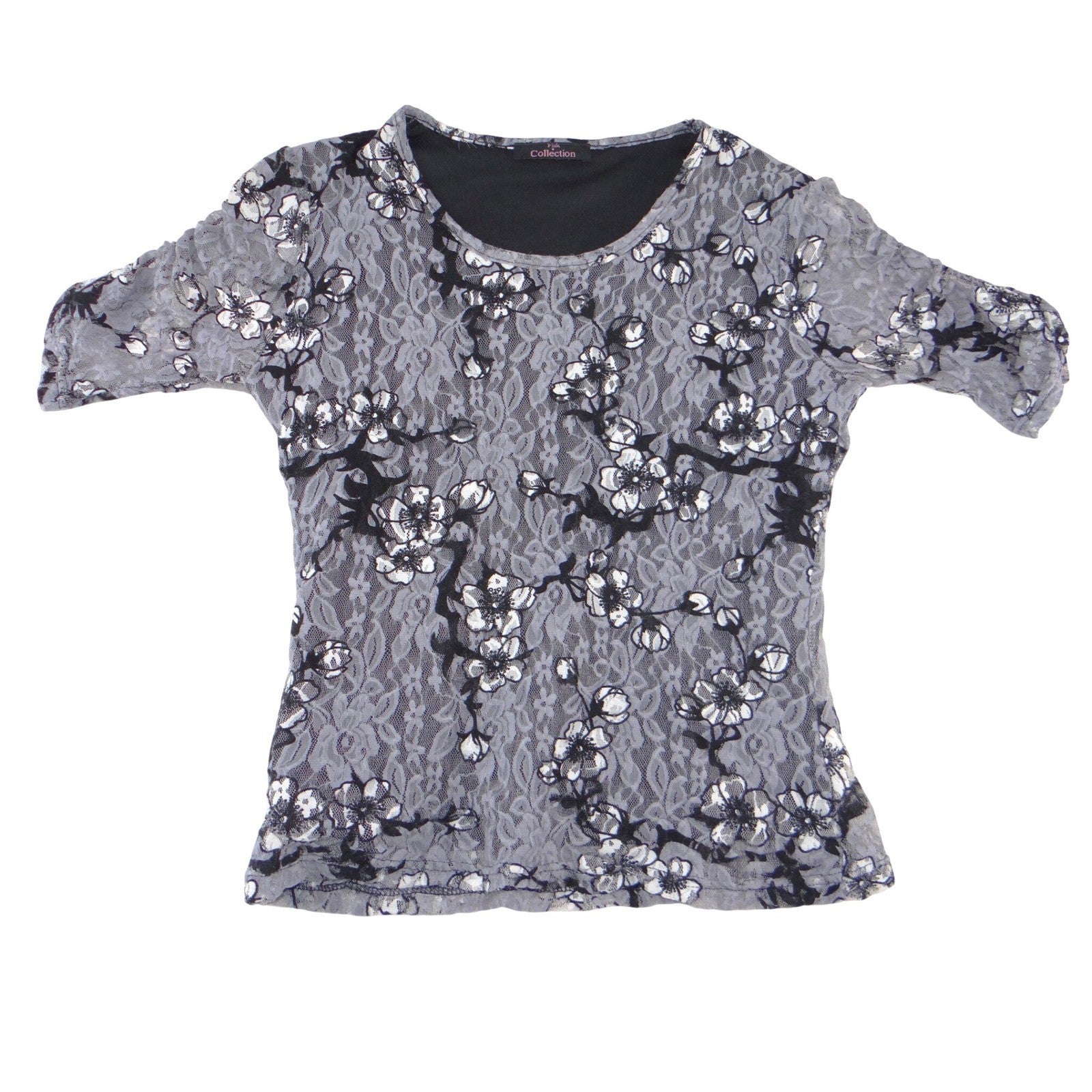 Pink Collection Grey Floral Lace Short Sleeve Scoop Neck Blouse Top