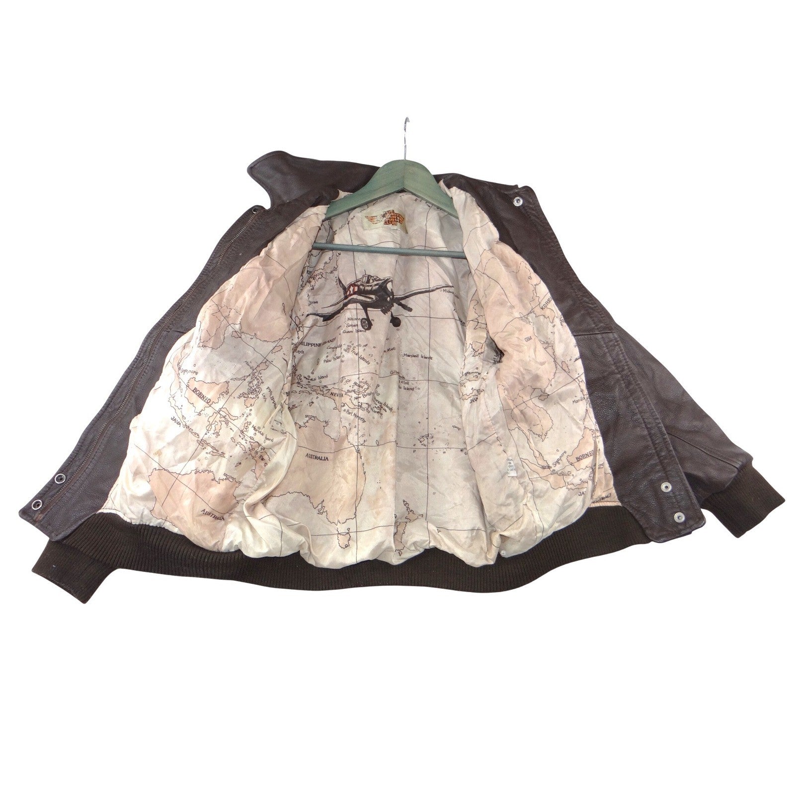 The Flight Club Mens Brown Leather Bomber Flight Jacket Map Lining Small