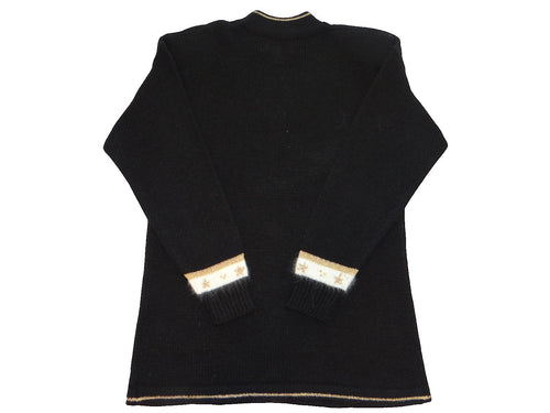 Black Women's Long Sleeve Sweater with White and Gold Floral Pattern