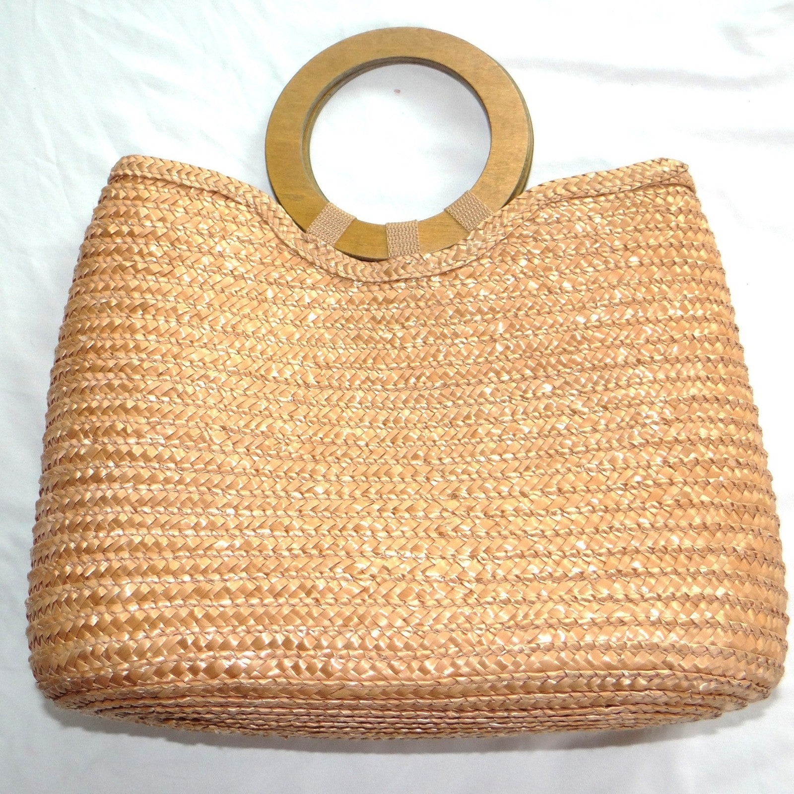 SunBay Handbags Woven Straw Tote Bag Natural Tan Wood Ring Handle Summer Beach