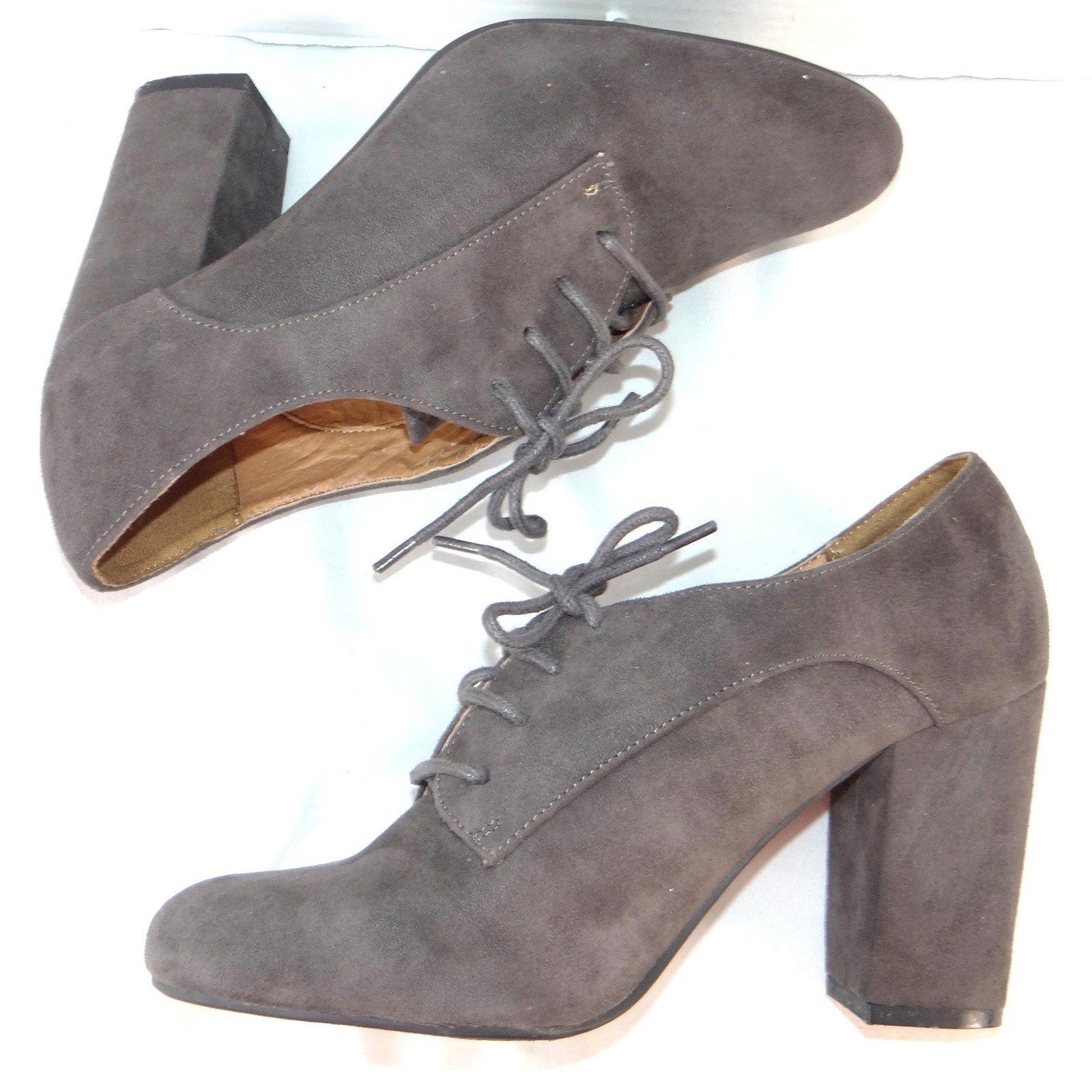 ana A New Approach Grey Faux Suede Lace Up Block Heel Oxford Booties Size 10