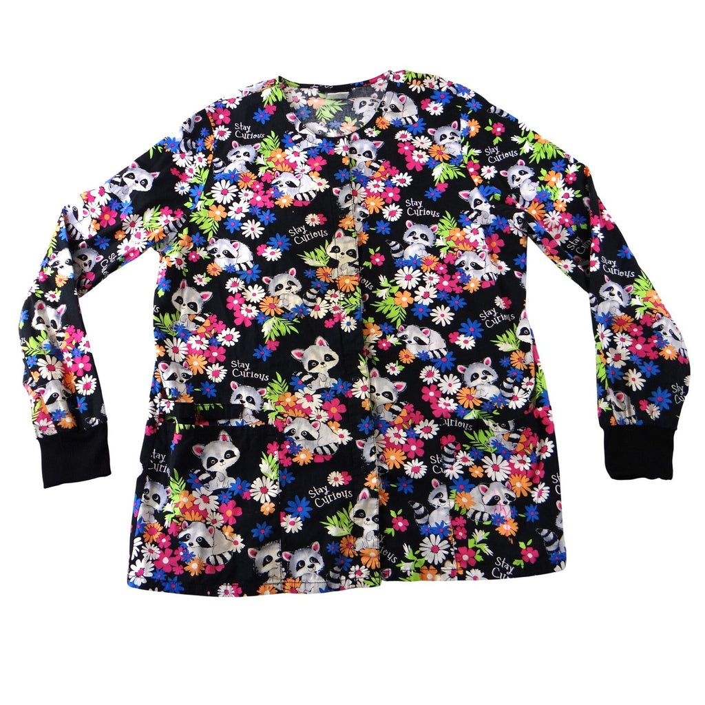 Cherokee Stay Curious Raccoon Floral Scrub Jacket Snap Front CK301 Black L
