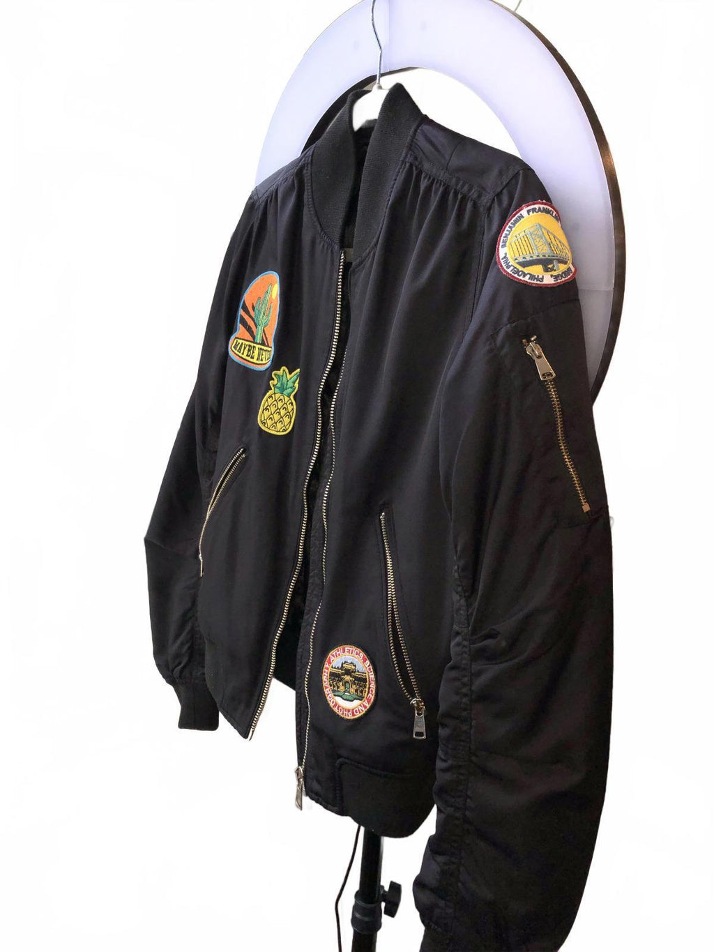 TOPSHOP Stylish Black Bomber Jacket with Patches