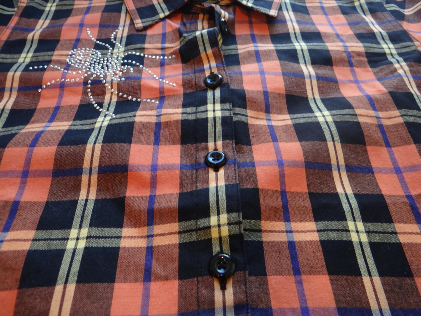 Women's Long Sleeve Plaid Button-Up Shirt with Rhinestone Spider Detail