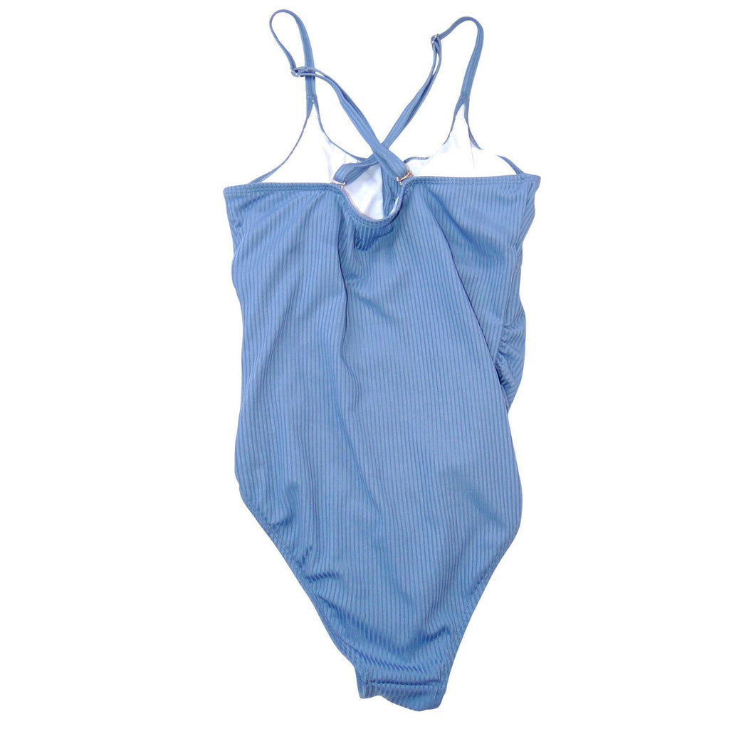 Summer Mae Womens Ribbed Henley One Piece Swimsuit Blue Size S Button Front