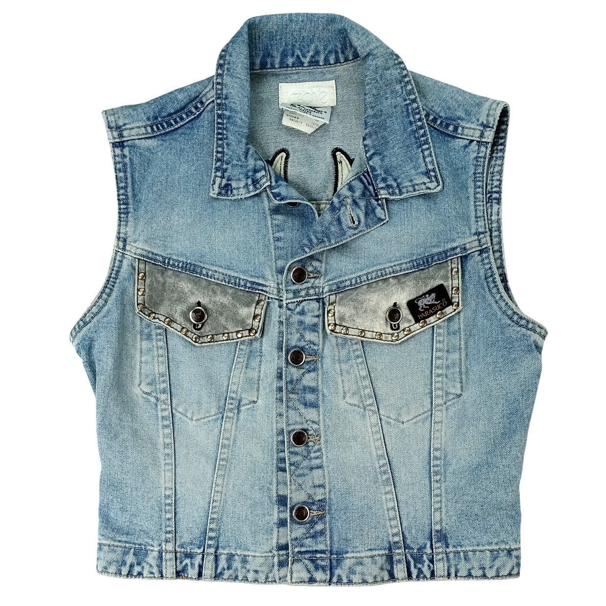 PARASUCO Womens M/M Blue Denim Eagle Patch Sleeveless Vest Jacket