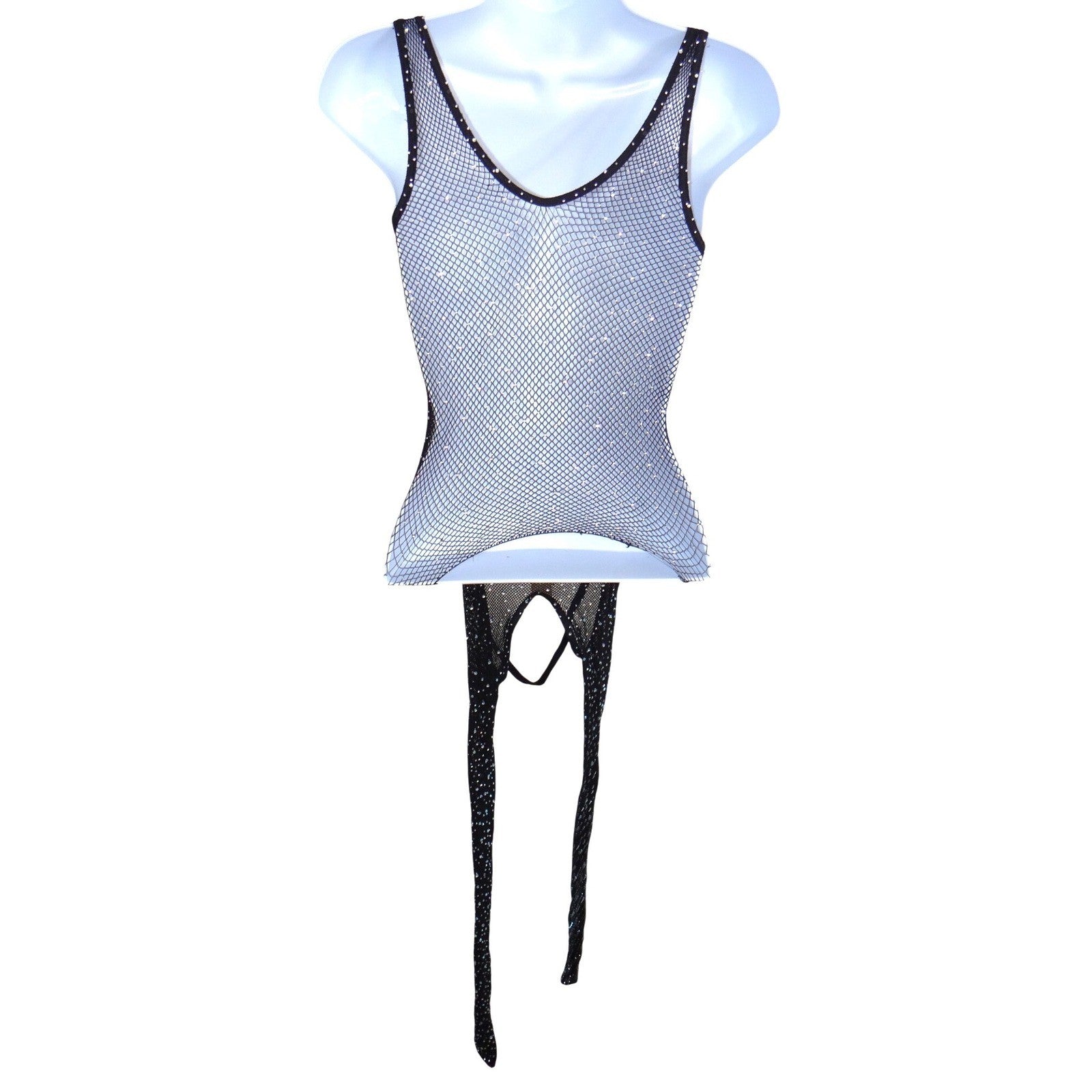 Black Rhinestone Fishnet Bodysuit Lace Up Front Leg Wraps Festival Rave Wear