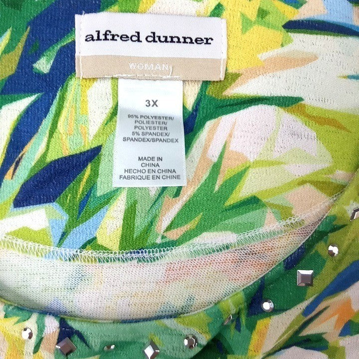 Alfred Dunner Woman 3X Floral Print Rhinestone Neckline 3/4 Sleeve Top