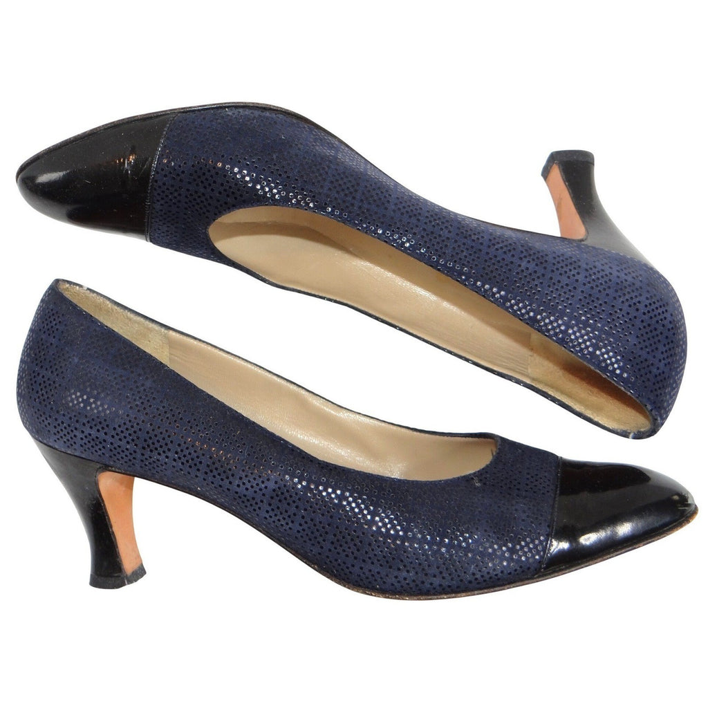 Salvatore Ferragamo Navy Suede Cap Toe Block Heel Pumps Shoes Womens Size 9 AA