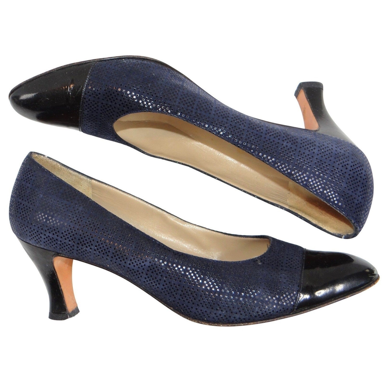 Salvatore Ferragamo Navy Suede Cap Toe Block Heel Pumps Shoes Womens Size 9 AA