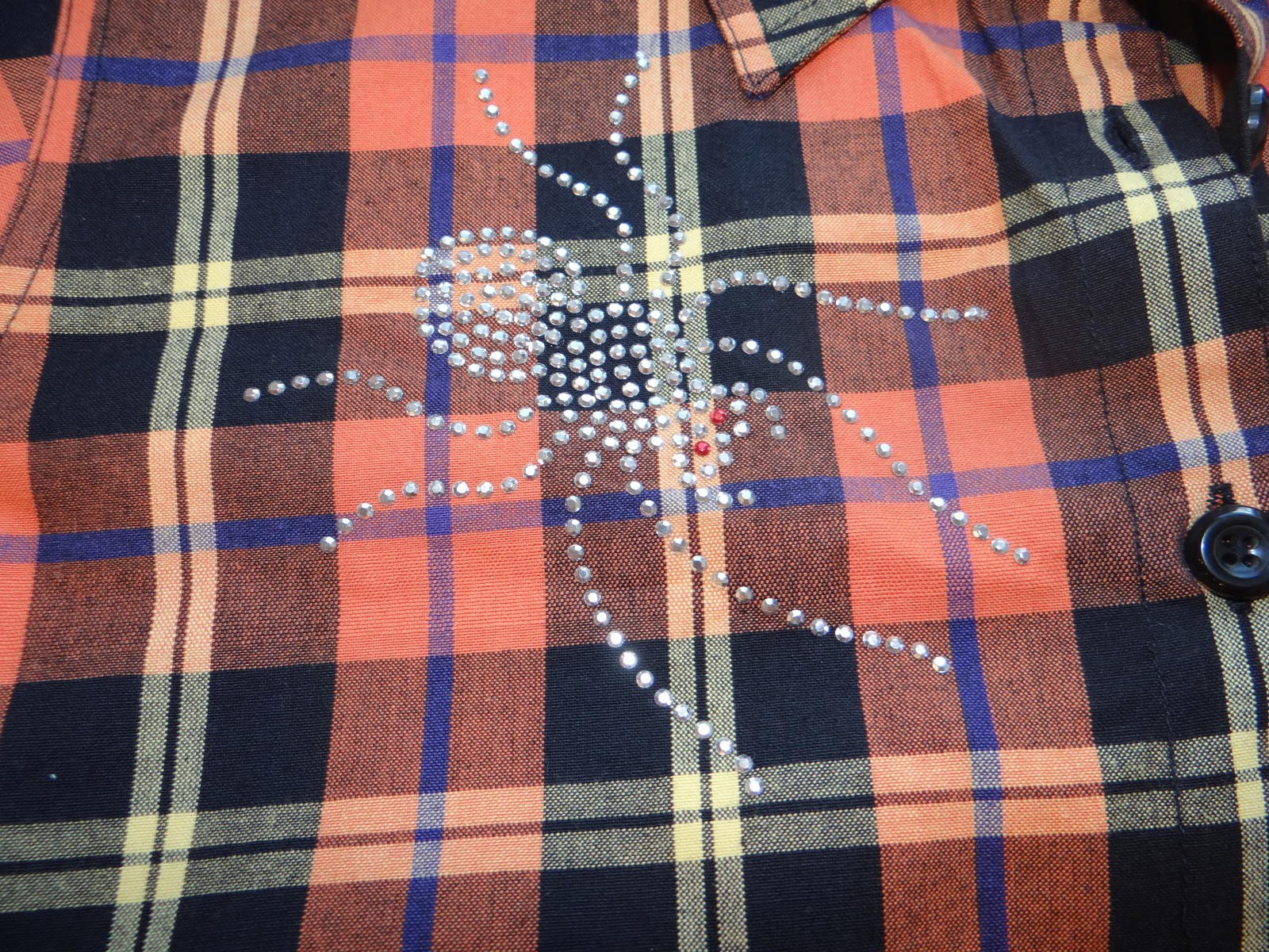 Women's Long Sleeve Plaid Button-Up Shirt with Rhinestone Spider Detail