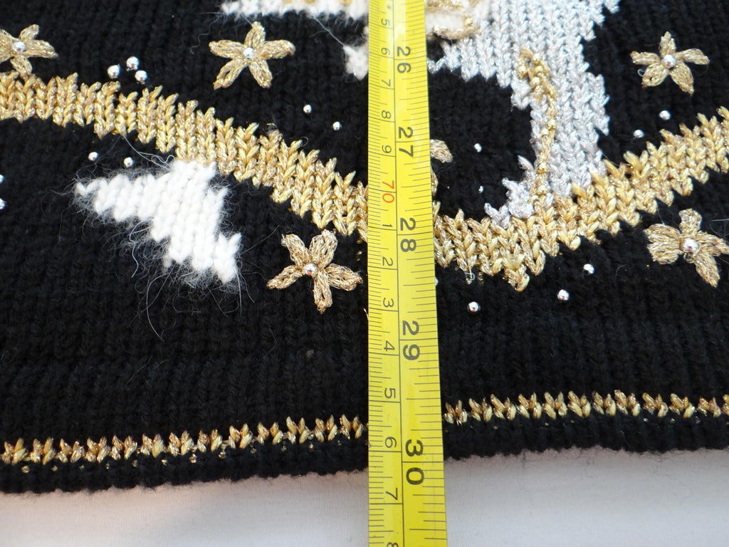 Black Women's Long Sleeve Sweater with White and Gold Floral Pattern