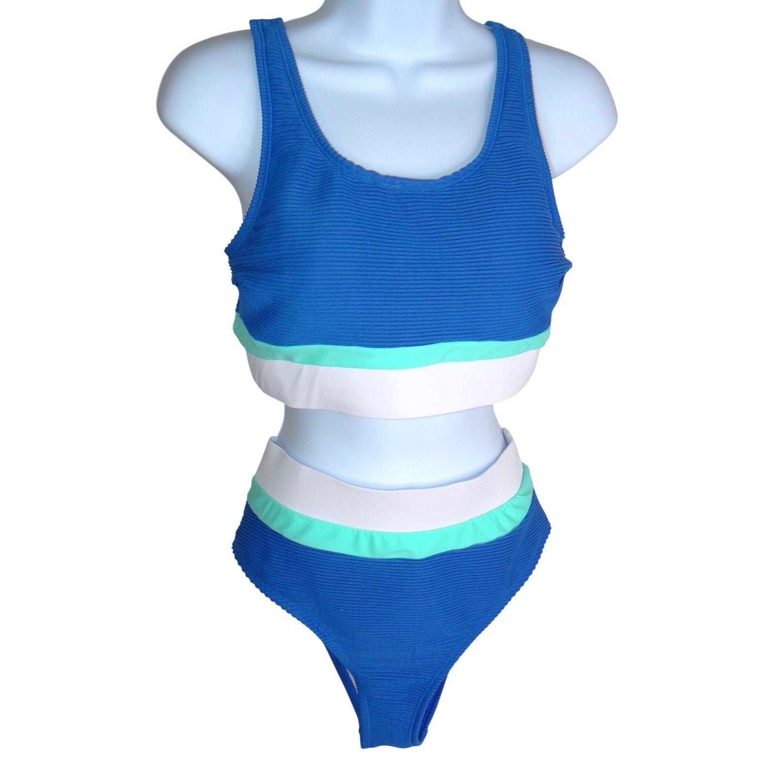 Blue Colorblock Ribbed High Waisted Bikini Set Sporty Two Piece Swimsuit