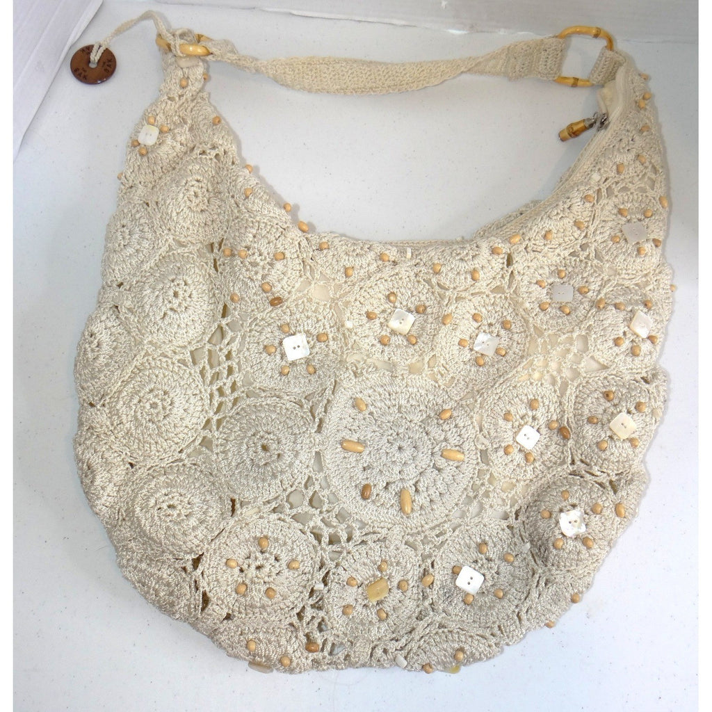 The Sak Crochet Hobo Bag Cream Floral Medallion Shell Wood Bead Boho Shoulder