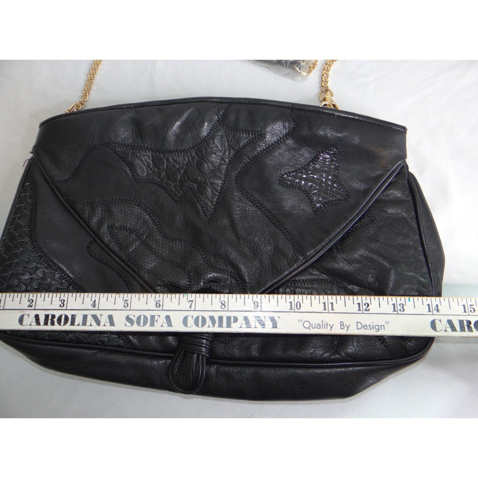 Vintage Black Leather Patchwork Shoulder Bag Gold Chain Snakeskin Strap