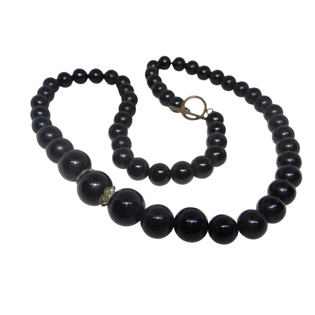 Vintage Elegant Black Beaded Statement Necklace Toggle Clasp Estate Jewelry