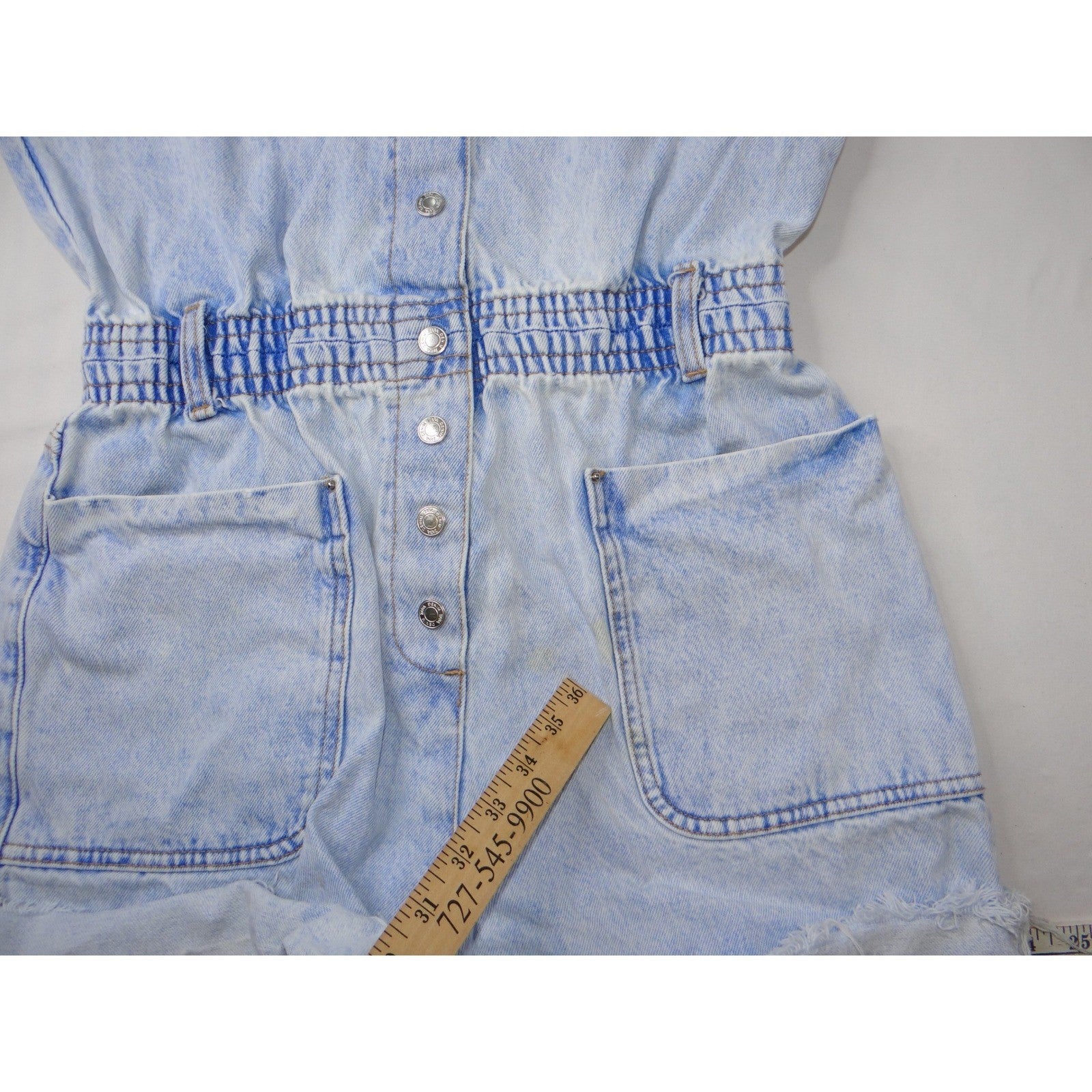 ZARA Acid Wash Denim Collared Button Front Elastic Waist Shortall Romper Size S