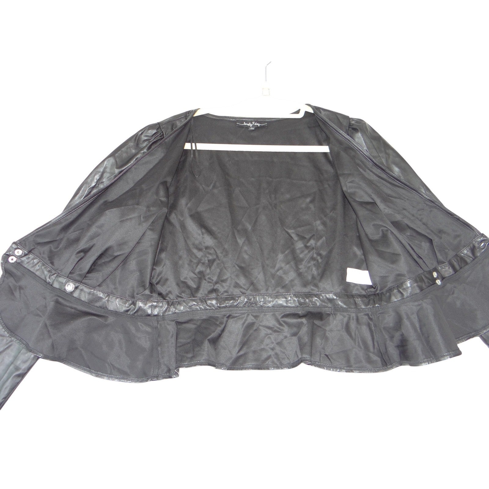 Lovely Day Black Faux Leather Wrap Peplum Top Puff Sleeve V-Neck Size L