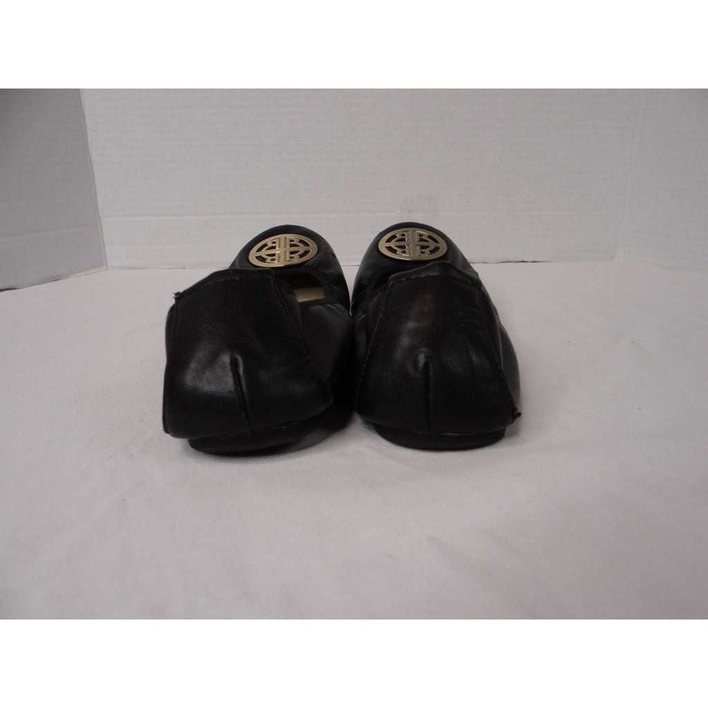Rialto Black Leather Ballet Flats with Gold Logo Accent Women's Size 6.5