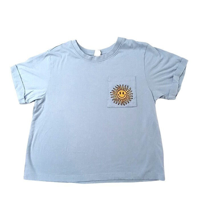 Coastal Dreamer Smiley Sun Pocket Graphic T Shirt Blue Size Small Short Crop