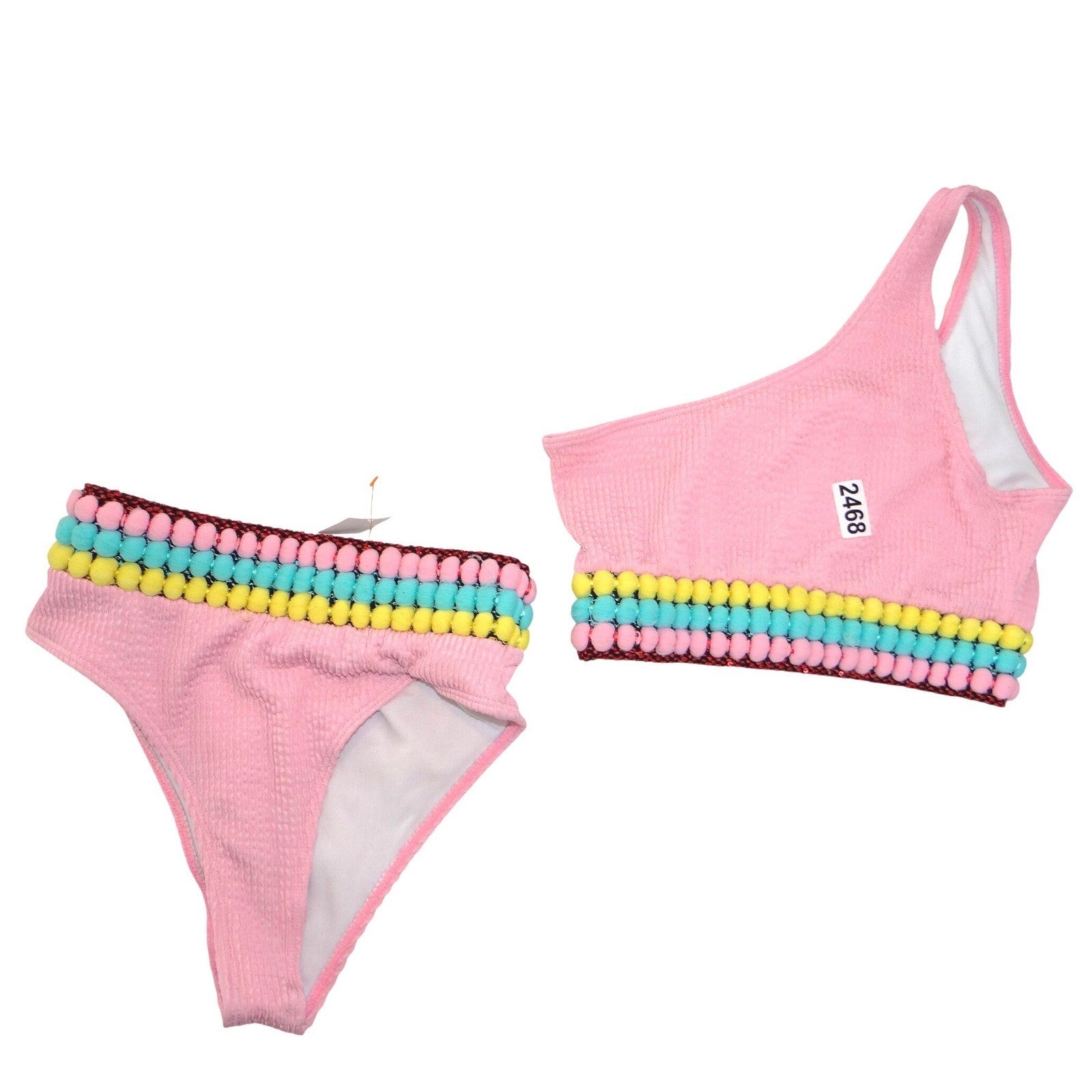 Pink Smocked One Shoulder Pom Pom Bikini Set Medium Seersucker 2 Piece Swimsuit