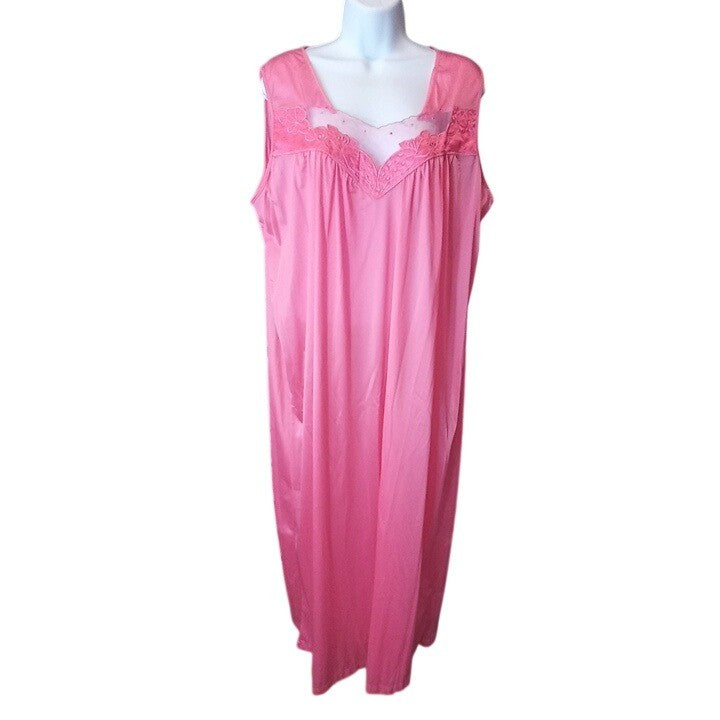 Vintage Princess Lingerie Pink Satin Nightgown Pearl Buttons Sheer Trim Size L