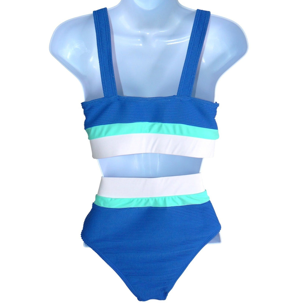 Blue Colorblock Ribbed High Waisted Bikini Set Sporty Two Piece Swimsuit