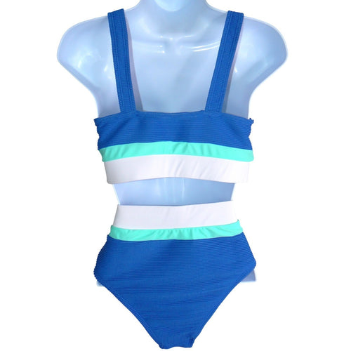 Blue Colorblock Ribbed High Waisted Bikini Set Sporty Two Piece Swimsuit