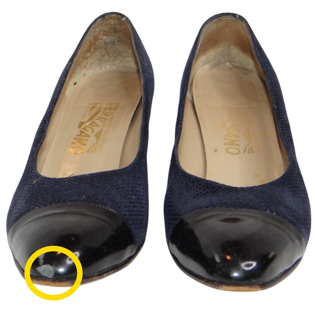 Salvatore Ferragamo Navy Suede Cap Toe Block Heel Pumps Shoes Womens Size 9 AA