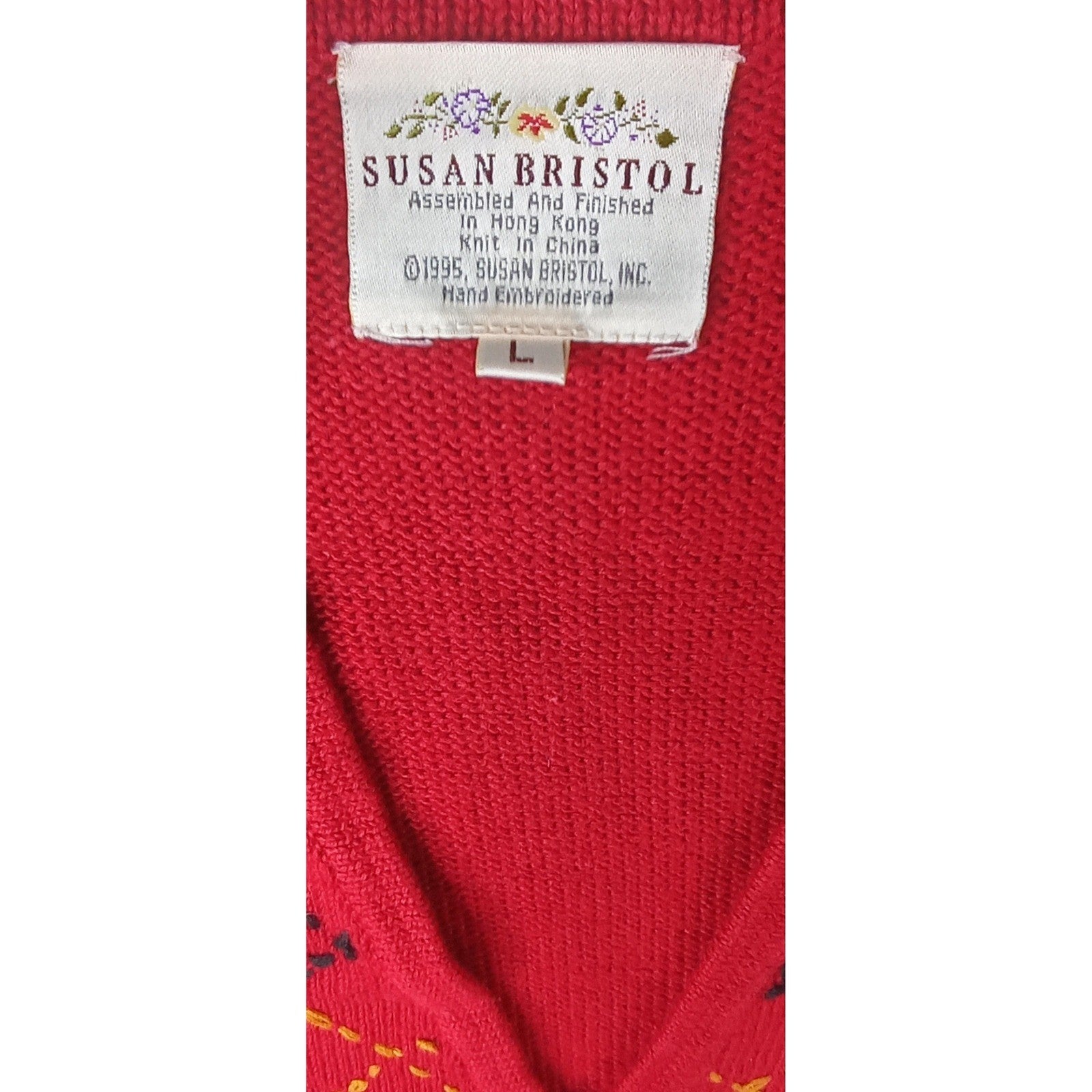 Vintage Susan Bristol Red Embroidered V Neck Button Sleeveless Vest Femme L