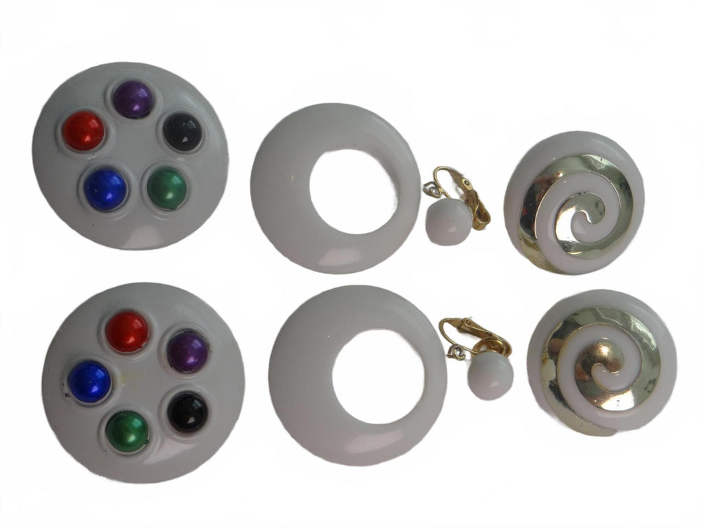 Set of Vintage Clip-On Earrings with Colorful and White Designs Lot 1