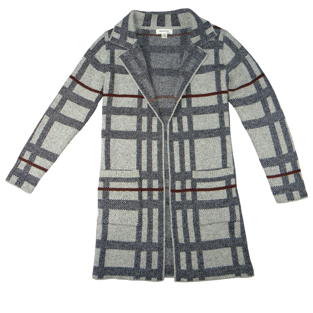 MONTEAU Women's Gray Plaid Open Front Knit Cardigan Sweater XS