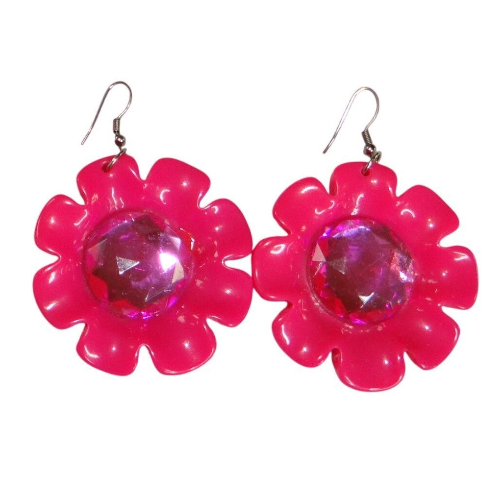Vintage Estate Hot Pink Flower Gem Dangle Earrings Women's Fun Fashion Jewelry