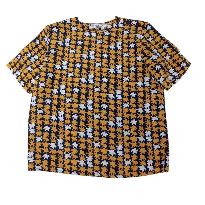 Laura and Jayne Womens Top Size 10 Mustard Navy White Floral Short Sleeve