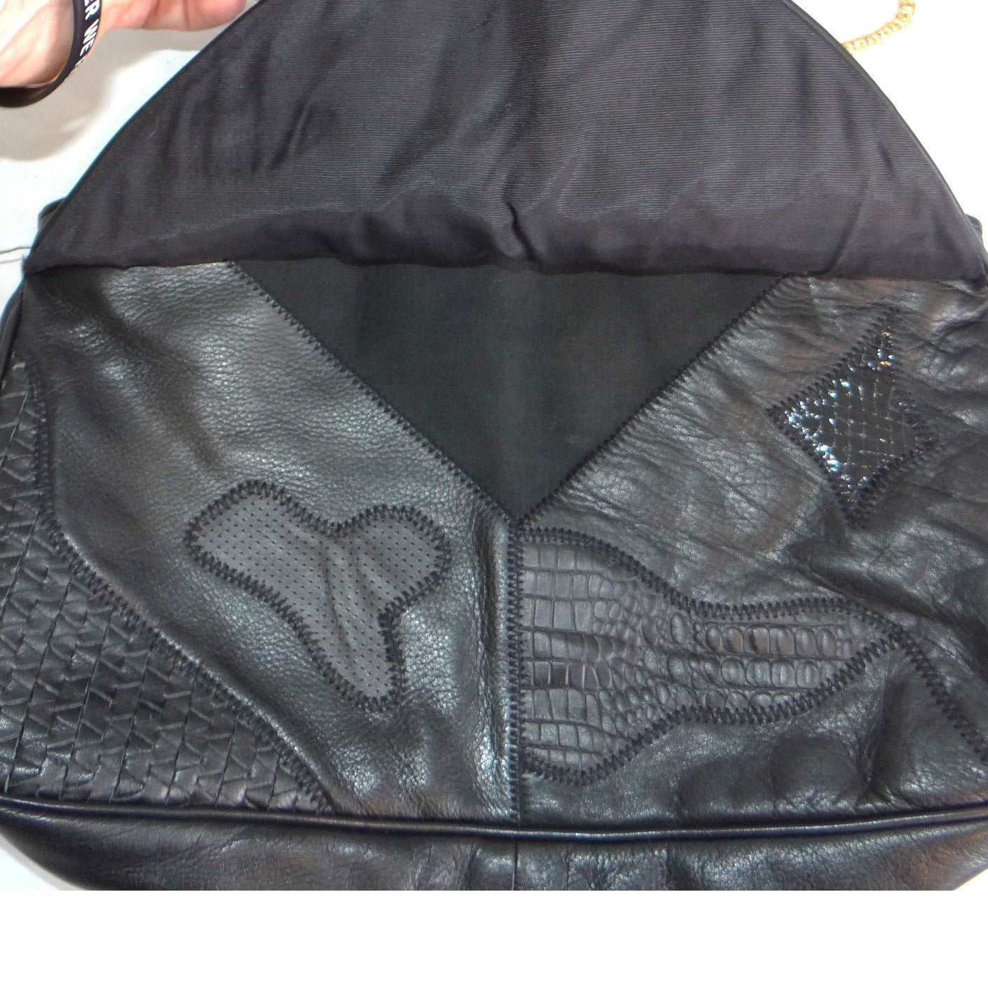 Vintage Black Leather Patchwork Shoulder Bag Gold Chain Snakeskin Strap