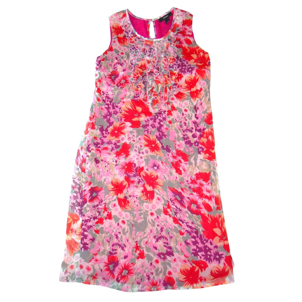Alfani Womens Red Pink Purple Floral Ruffle Neck Chiffon Shift Dress Size 4