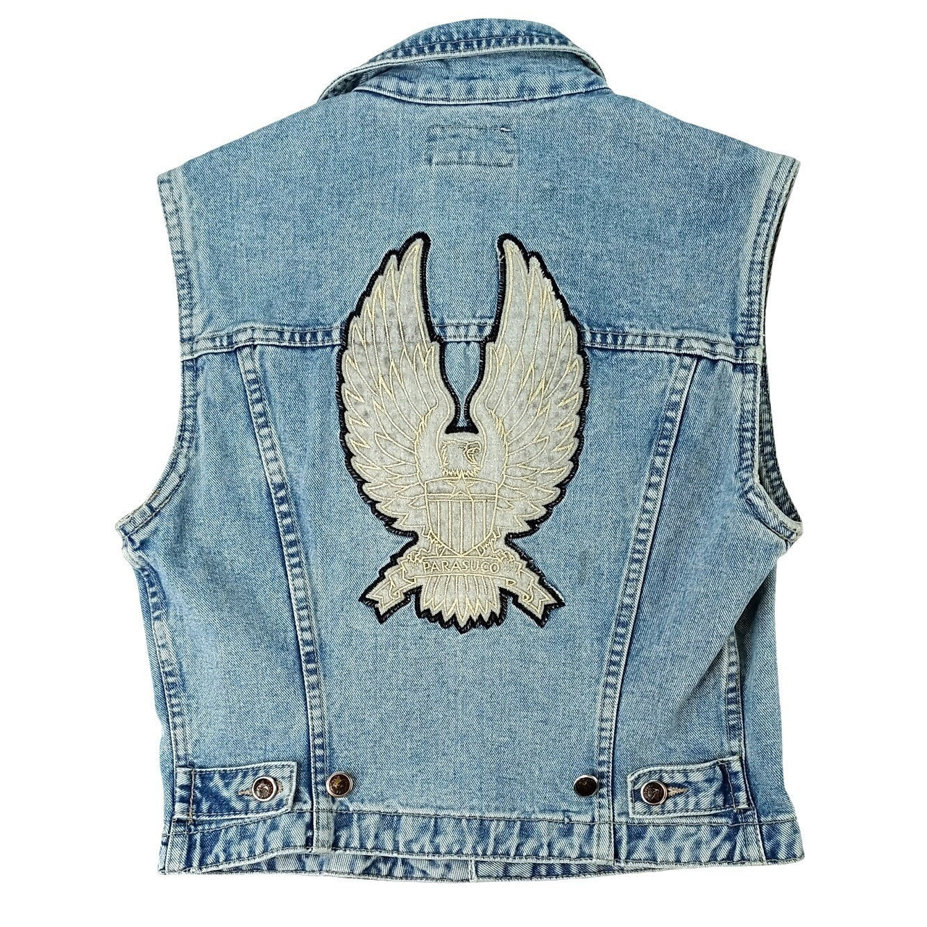 PARASUCO Womens M/M Blue Denim Eagle Patch Sleeveless Vest Jacket