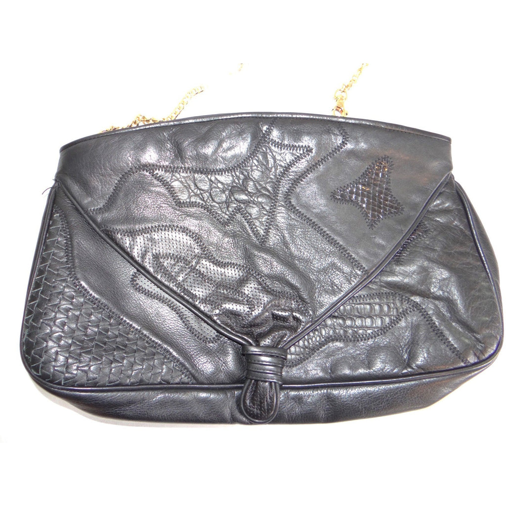 Vintage Black Leather Patchwork Shoulder Bag Gold Chain Snakeskin Strap