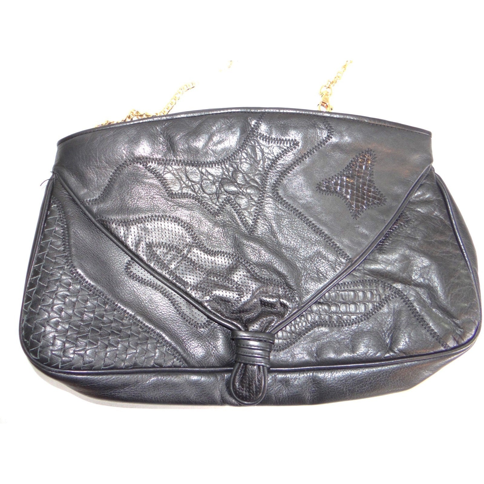 Vintage Black Leather Patchwork Shoulder Bag Gold Chain Snakeskin Strap