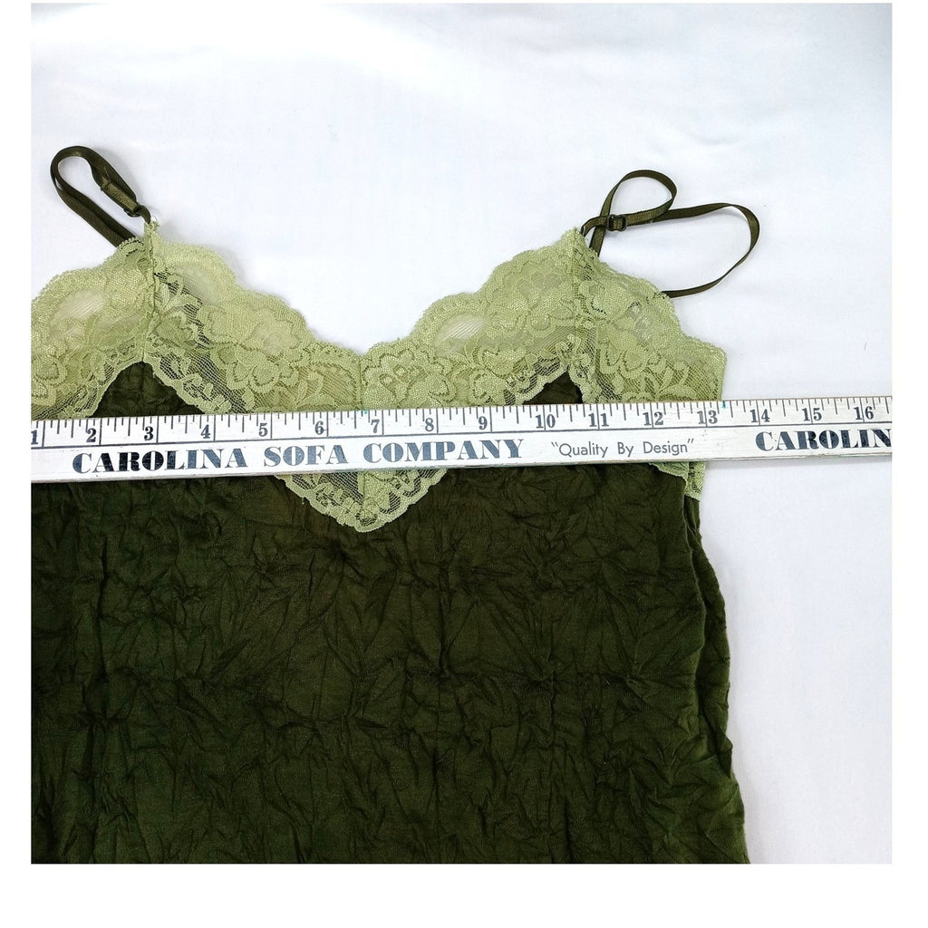 Y2K Xhilaration Olive Green Lace Trim Crinkle Camisole Top Women's Size M