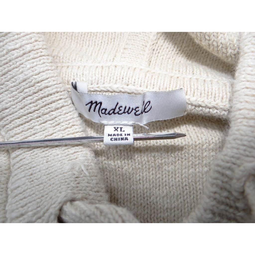 Madewell Women XL Relaxed Knit Hoodie Cream Olive Green Striped Pullover Sweater