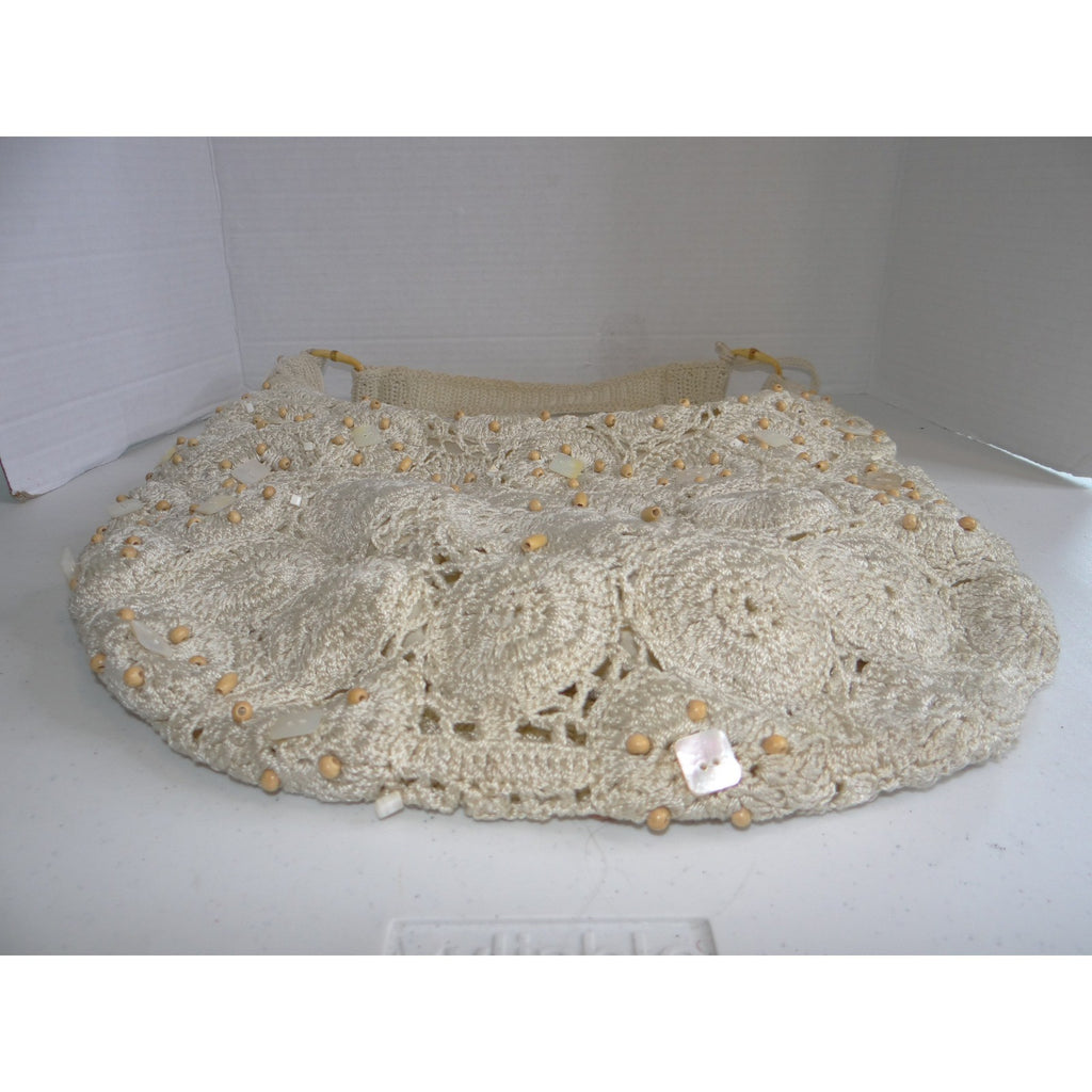 The Sak Crochet Hobo Bag Cream Floral Medallion Shell Wood Bead Boho Shoulder