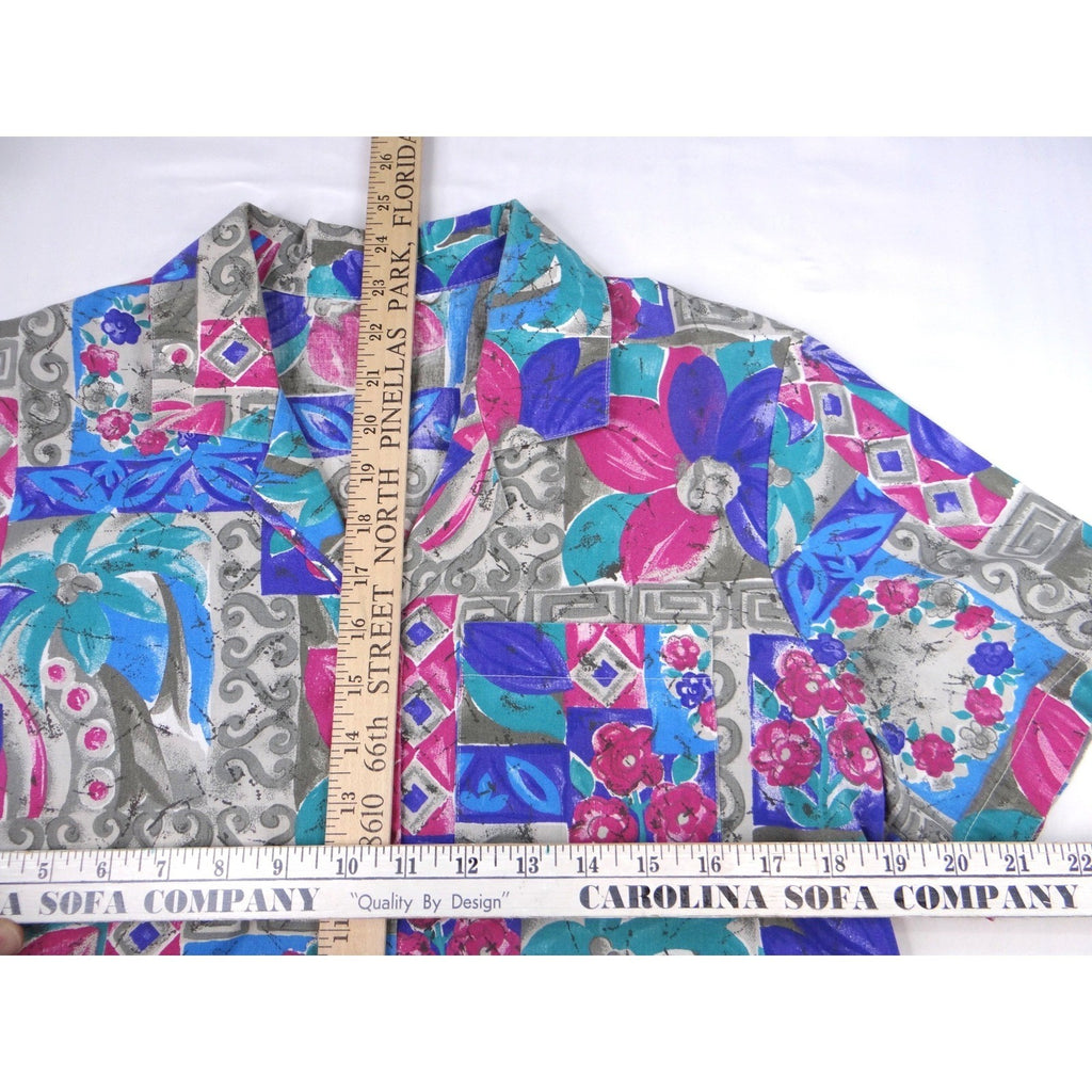 Vintage Vibrant Womens Abstract Floral Print Short Sleeve Button Up Shirt