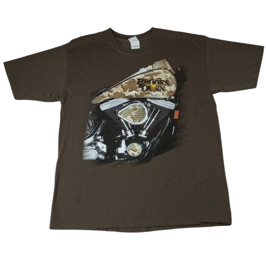 Gildan Mens Large Brown Motorcycle Engine Graphic T Shirt Brooks and Dunn