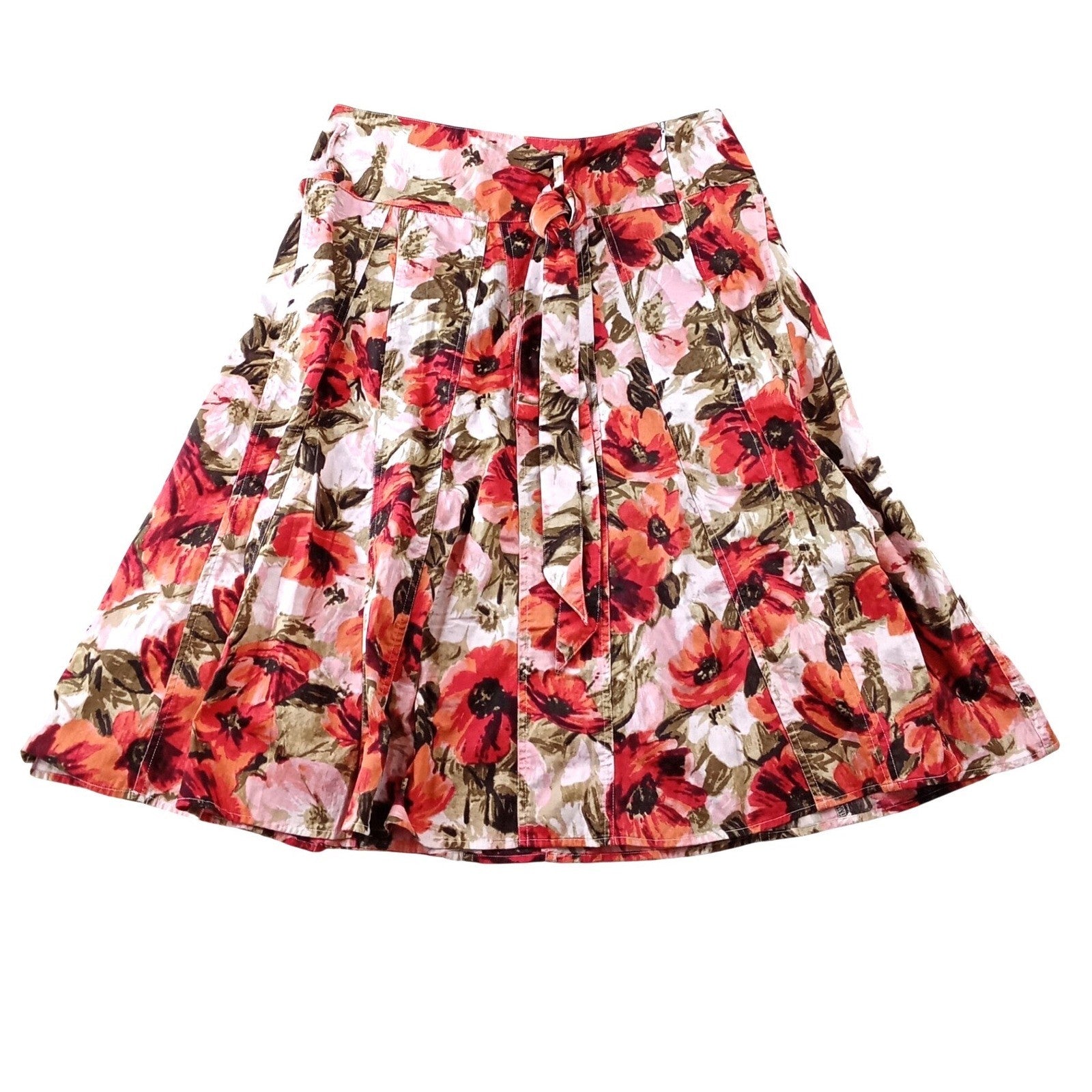 Grace Elements Red Floral Cotton A-Line Belted Skirt Womens Size 10 Pleated Knee