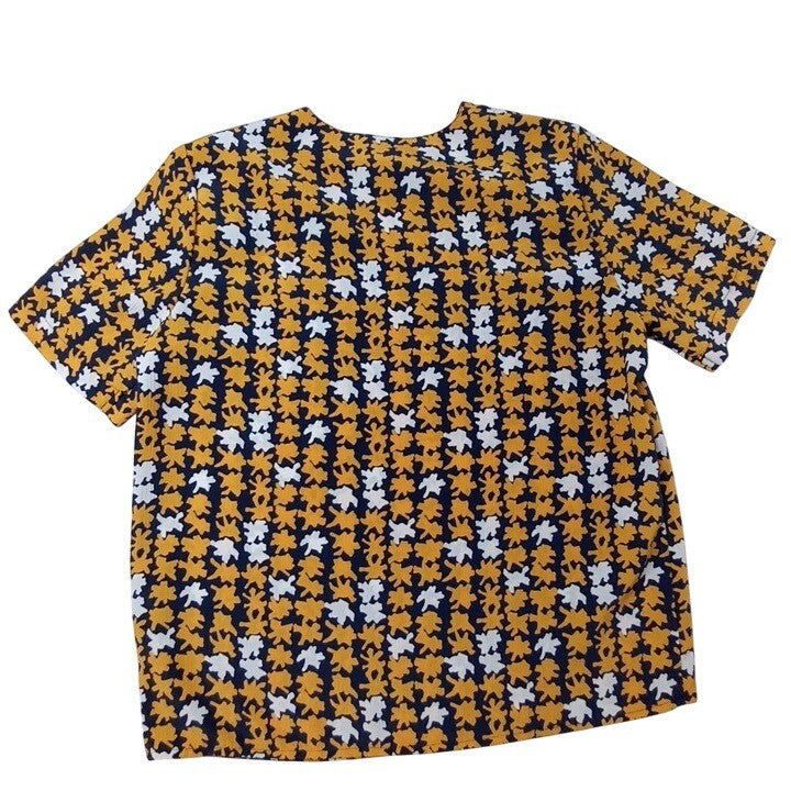 Laura and Jayne Womens Top Size 10 Mustard Navy White Floral Short Sleeve