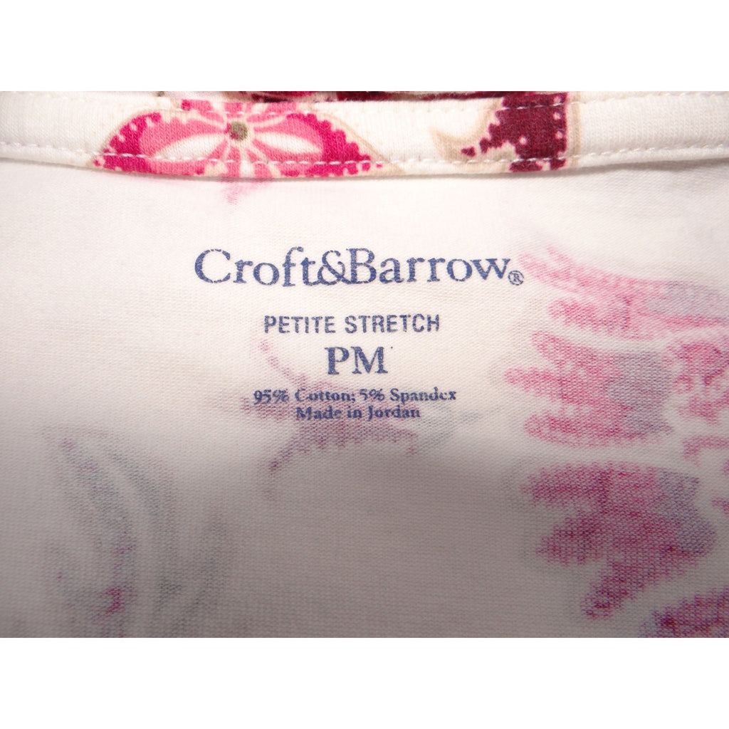 Vintage Croft & Barrow Stretch Floral Print 3/4 Sleeve Top Shirt White Pink M