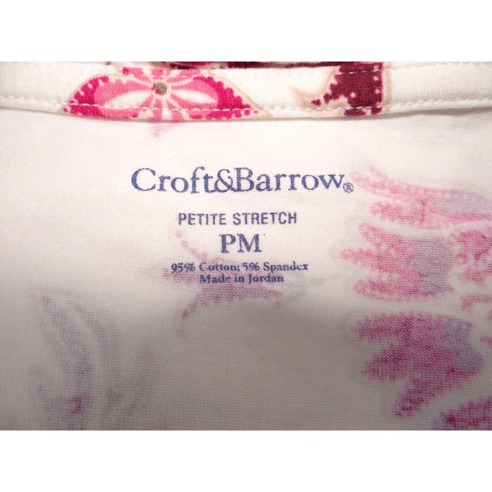 Vintage Croft & Barrow Stretch Floral Print 3/4 Sleeve Top Shirt White Pink M